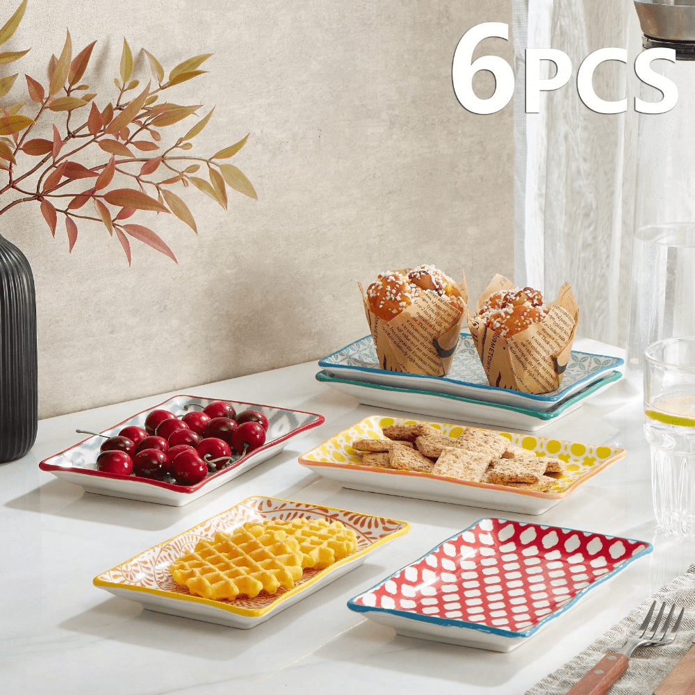 Colorful Rectangular Plates, Set Of 6-7.5 In Ceramic Salad Plates For ...