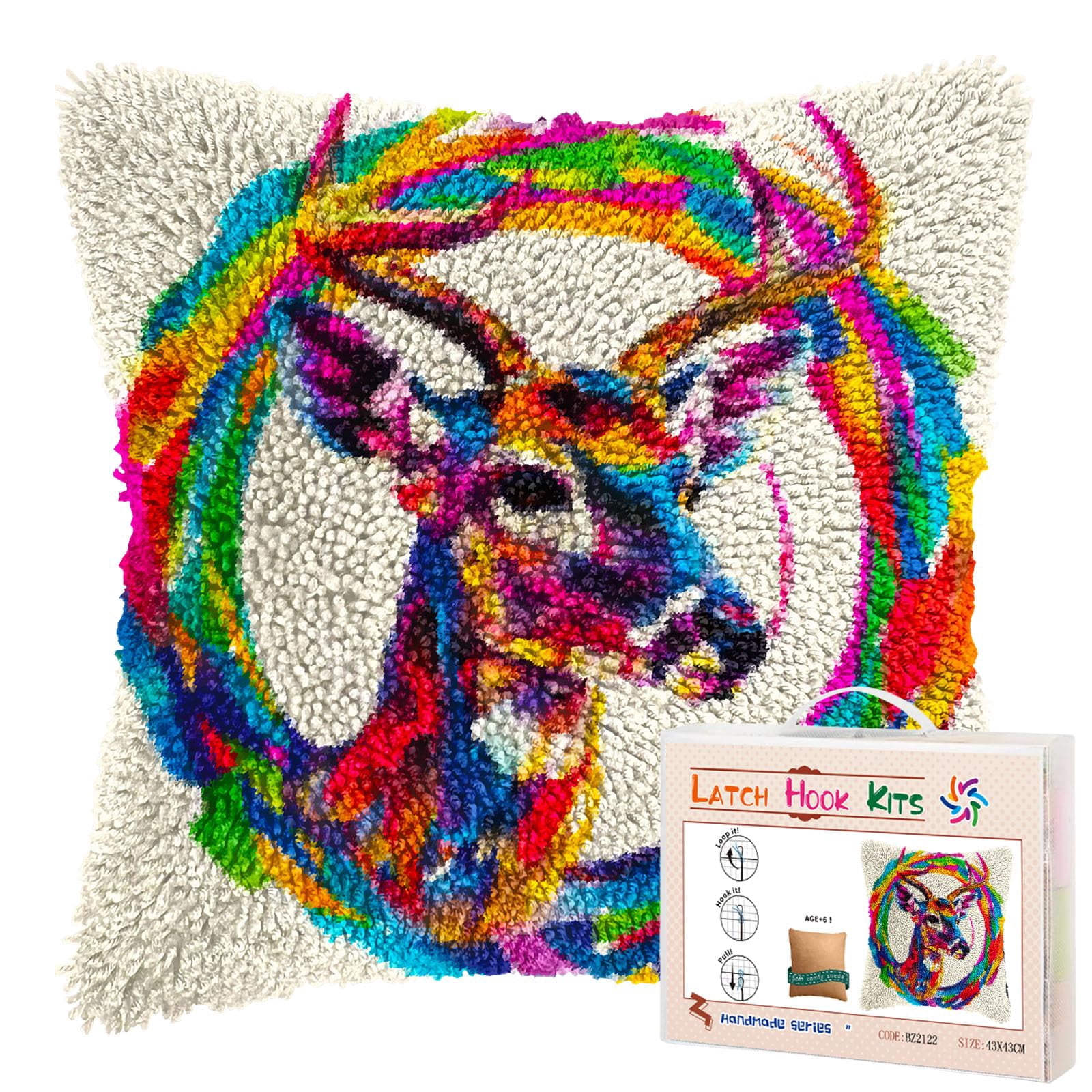 Colorful Reindeer Elk in Cirle DIY Latch Hook Pillow Kits for Adults Printed Pillowcase Crochet Yarns Hooking Handmade Pillow Cover Cushion for Home Sofa Decoration 17x17inch