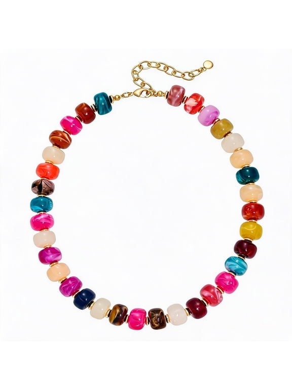 Colorful Resin Acrylic Beaded Choker Necklace for Women Golden Multicolor Statement Necklace Adjustable Trendy Boho Summer Jewelry