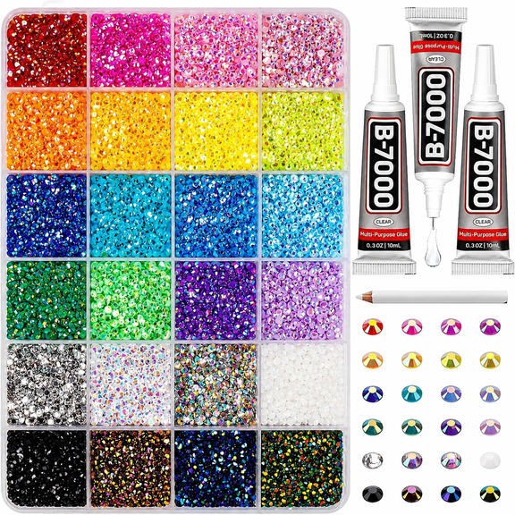 Colorful Resin Rhinestone Kit, 24,000 PCS DIY Bedazzling Gems Set with 24 Colors, Includes 3 B7000 Glue Tubes, Nail Art & Craft Jewelry Decoration Kit for Phone, Clothes, Nails, DIY Projects