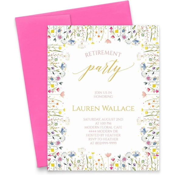 Colorful  Retirement Party Invitations with Wild Flowers, Cute  Retirement Dinner Invitation with Florals, Sweet Retirement Party Invite, Your choice of Quantity and Envelope Color