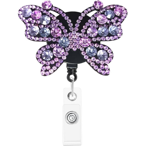 Colorful Retractable ID Badge Reels for Healthcare & Hospitality Professionals - Adjustable Nurse Teacher Security Lanyard Clips with Stylish Butterfly Pattern (Purple)
