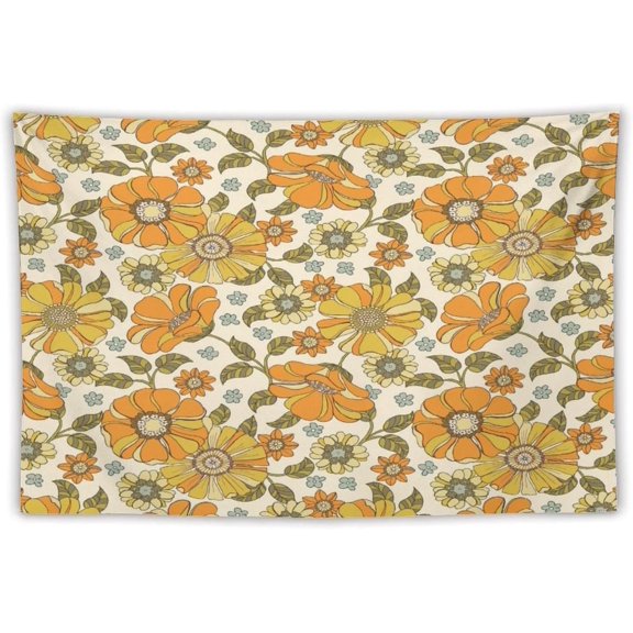 Colorful Retro Floral Tapestry Hand Painted Daisies Orange Pink Flowers Green Leaves 70s Fashion Patterns Tapestry Wall Hanging for Living Room Bedroom Dorm Classroom Aesthetic Decor W60xL40in