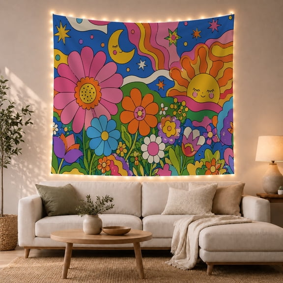Colorful Retro Flower Garden With Sun And Moon In Psychedelic Hills, Nostalgic Psychedelic For Boho Decor Enthusiasts, Vibrant Wall Art, Birthday Gift, Tapestry Wall Hanging For Bedroom And Dorm
