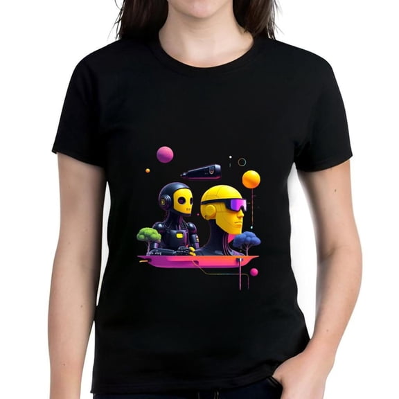 Colorful Retro - Futuristic Humanoid Robots Graphic Cotton Short Sleeve T-Shirt for Women