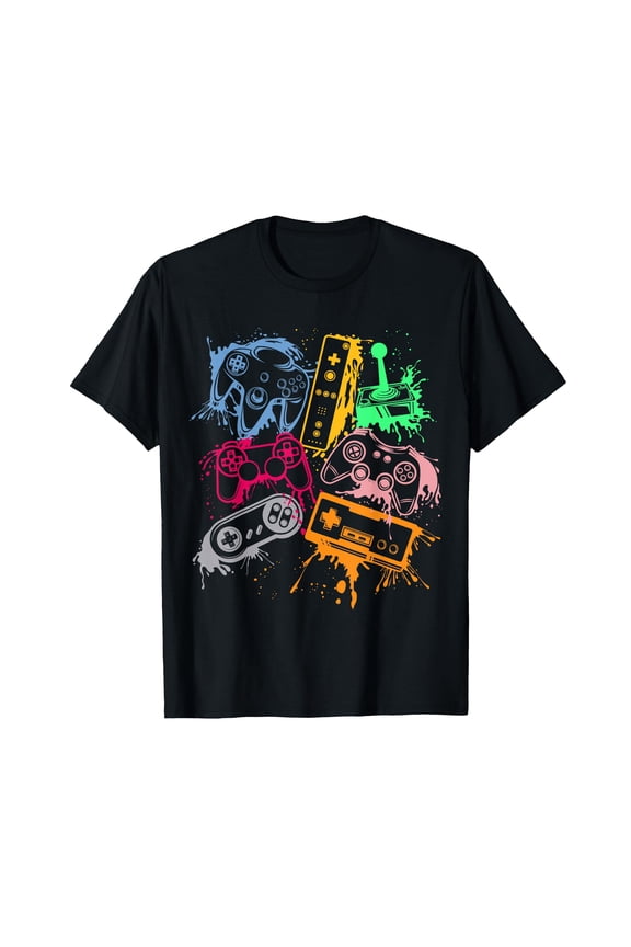 Colorful Retro Gaming Controllers Graphic T-Shirt for Arcade Game Enthusiasts