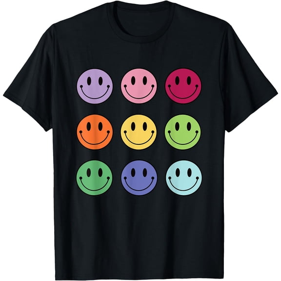 Colorful Retro Happy Face Grid 90S Aesthetic Positive Vibe T-Shirt, Unisex T-Shirt
