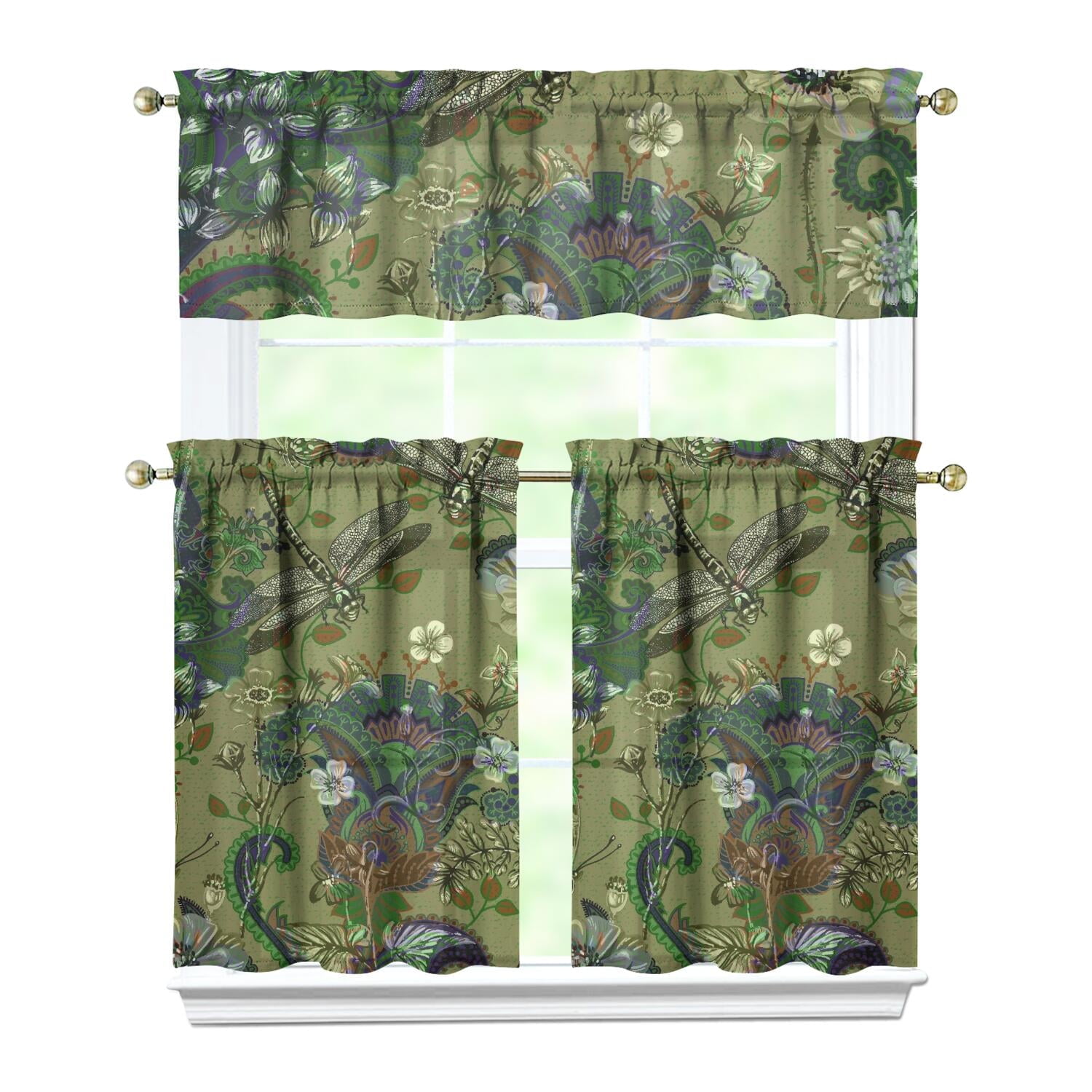 Image showcasing Colorful Retro Kitchen Curtains 3-Piece Set - Abstract Artistic Mandala ...