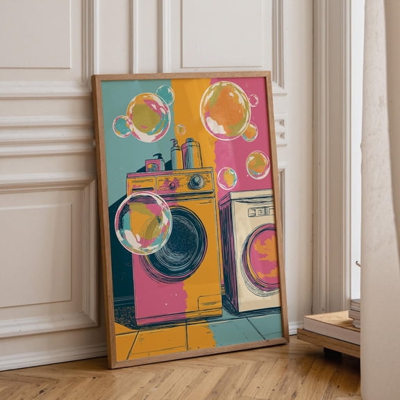 Colorful Retro Laundry Room Funky Bubble Washer Dryer Poster Unframed Paper Print