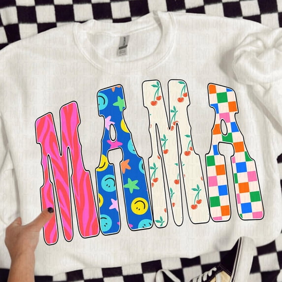 Colorful Retro Mama Cherry Checker Letters T-Shirt for Trendy Moms