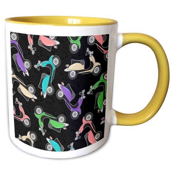 3drose, Colorful Retro Scooter Print - Black, 11oz Two-tone Yellow Mug