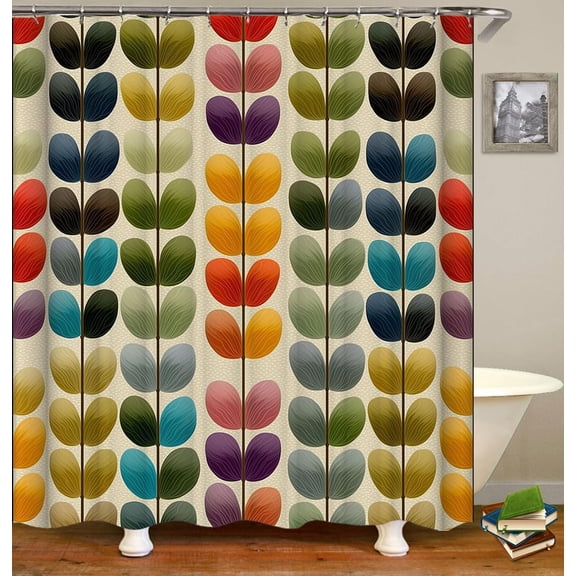 Colorful Retro Shower Curtain with Symmetrical Leaves in a Mid-Century Style, Retro Pattern Bath Curtain Polyester Fabric for Bathroom Curtain Sets with Hooks-36"W x 72"L (Pack of 1)
