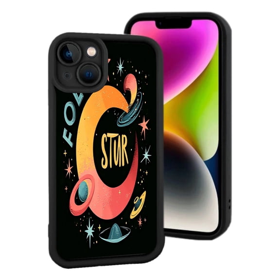 Colorful Retro Space-Themed iPhone 15 Case - Lightweight Yellowing Resistant Features Stylized ' C ' with Stars & UFO Design