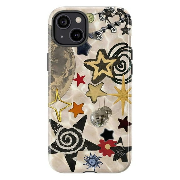 Colorful Retro Star Collage Phone Case, Cosmic Moon & Disco Galaxy Aesthetic Protective Cover for iPhone 16 15 14 13 12 11 Pro Max Plus Mini