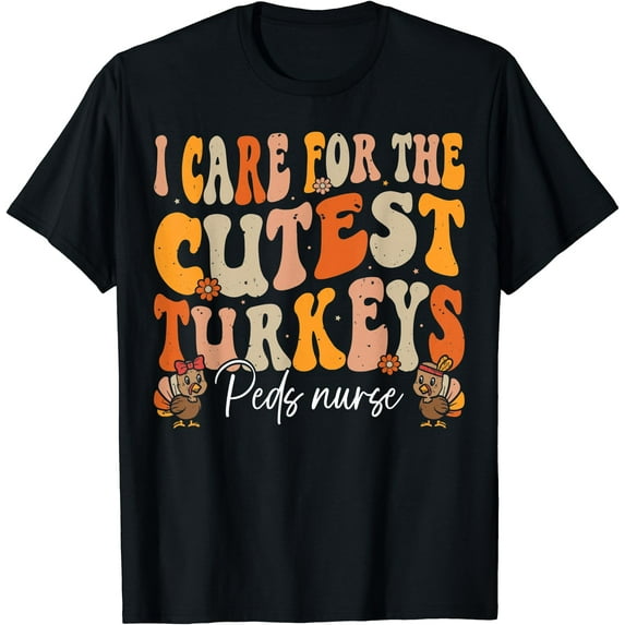Colorful Retro Thanksgiving Turkey T-Shirt for Peds Nurses Celebrating Fall