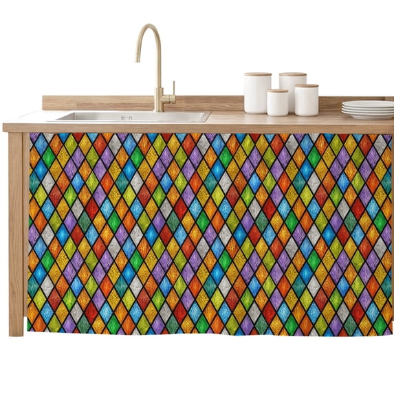 Colorful Rhombic Cabinet Curtains 28"x51" Sink Skirt for Bathroom Kitchen, Abstract Geometric Art Vintage Rustic Self Stick Adhesive Under Desk Covers Tall Laundry Cabinet Storage Organizer