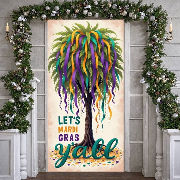 Colorful Ribbons Mardi Gras Banner Purple Orange Green Carnival Display Beaded Decorations Leaf Design Festive Backdrop for Mardi Gras Party Carnival Celebration Festive Parade