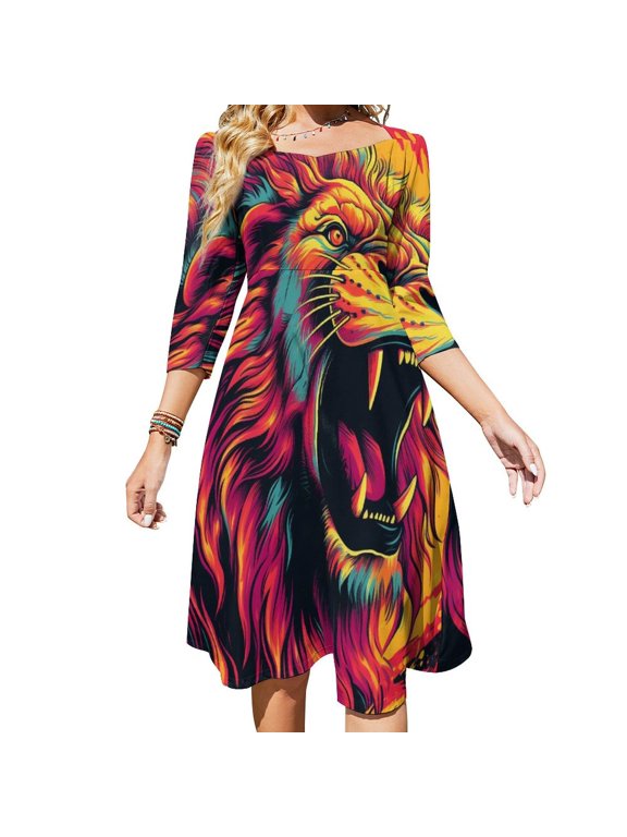 Colorful Roaring Lion Art Womens Summer Dress Tie Back A Line Flare Dress