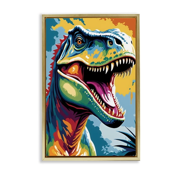 Stupell Industries Colorful Roaring T-Rex Gold Framed Floater Canvas Wall Art, design by Creative Studio, 31 x 21