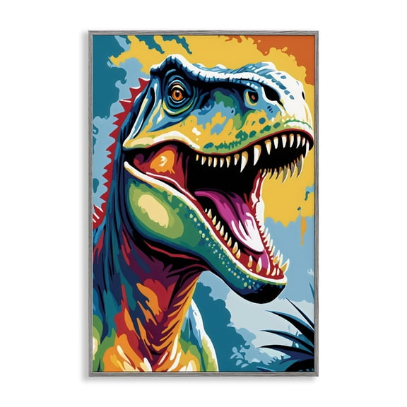 Stupell Industries Colorful Roaring T-Rex Gray Framed Giclee Art, design by Creative Studio, 18 x 12