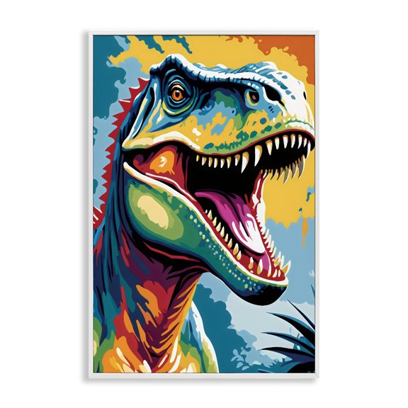 Stupell Industries Colorful Roaring T-Rex White Framed Giclee Art, design by Creative Studio, 18 x 12