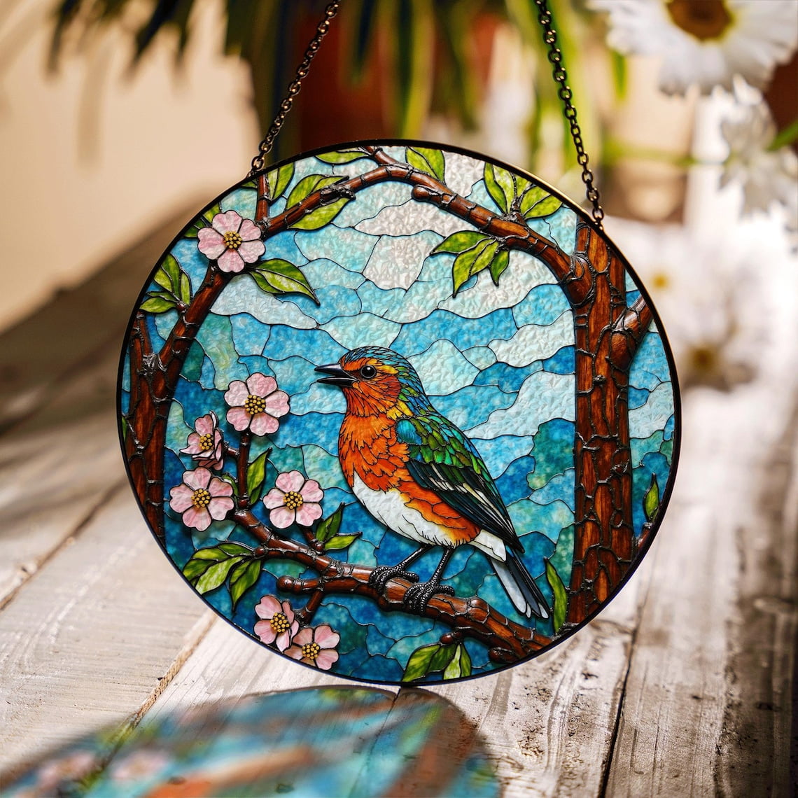 Colorful Robin Bird on Blooming Branch Glass Suncatcher, Decor, 6.3 in ...