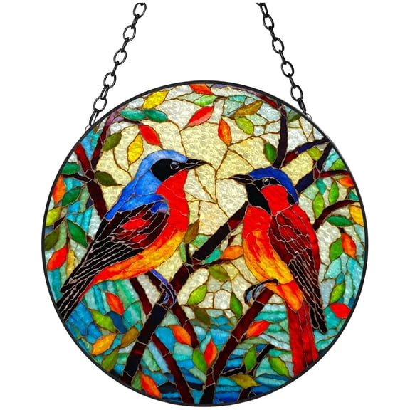 Colorful Robins Bird on Branch Stained Glass Suncatcher Handmade Window Hangings Colored Glass Suncatcher Crafts Kits for Indoor Garden Christmas Decoration 16x16cm(7)
