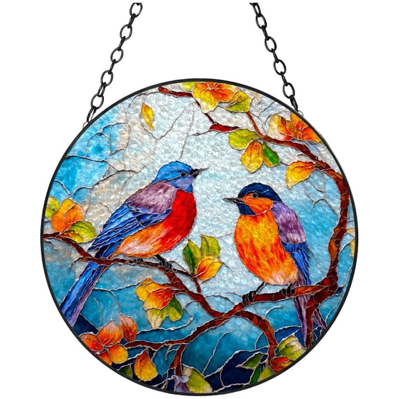 Colorful Robins Bird on Branch Stained Glass Suncatcher Handmade Window Hangings Colored Glass Suncatcher Crafts Kits for Indoor Garden Christmas Decoration 16x16cm(2)