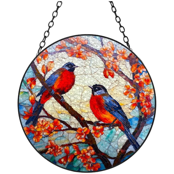 Colorful Robins Bird on Branch Stained Glass Suncatcher Handmade Window Hangings Colored Glass Suncatcher Crafts Kits for Indoor Garden Christmas Decoration 16x16cm(10)