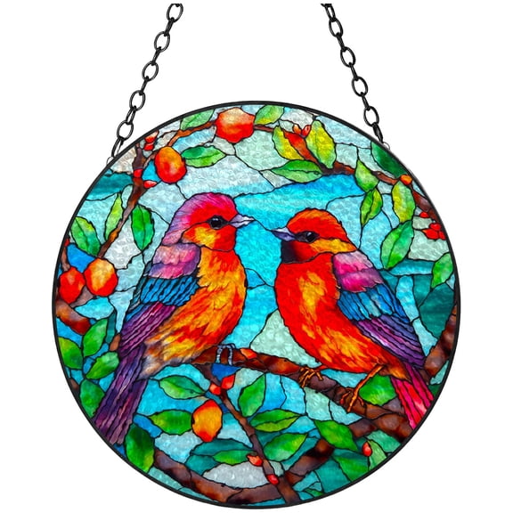 Colorful Robins Bird on Branch Stained Glass Suncatcher Handmade Window Hangings Colored Glass Suncatcher Crafts Kits for Indoor Garden Christmas Decoration 16x16cm(6)