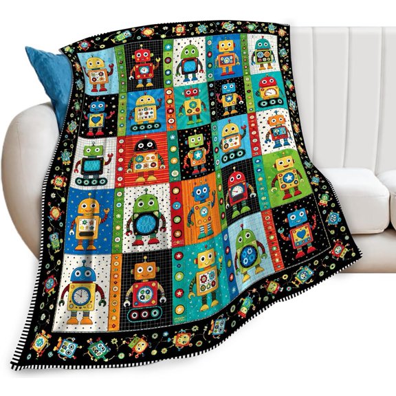 Colorful Robot Printed Plush Blanket for Kids Boys Girls