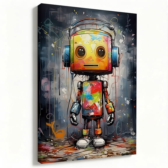 Colorful Robot with Headphones Canvas Wall Art – Modern Abstract Pop Art Decor for Living Room Bedroom Office
