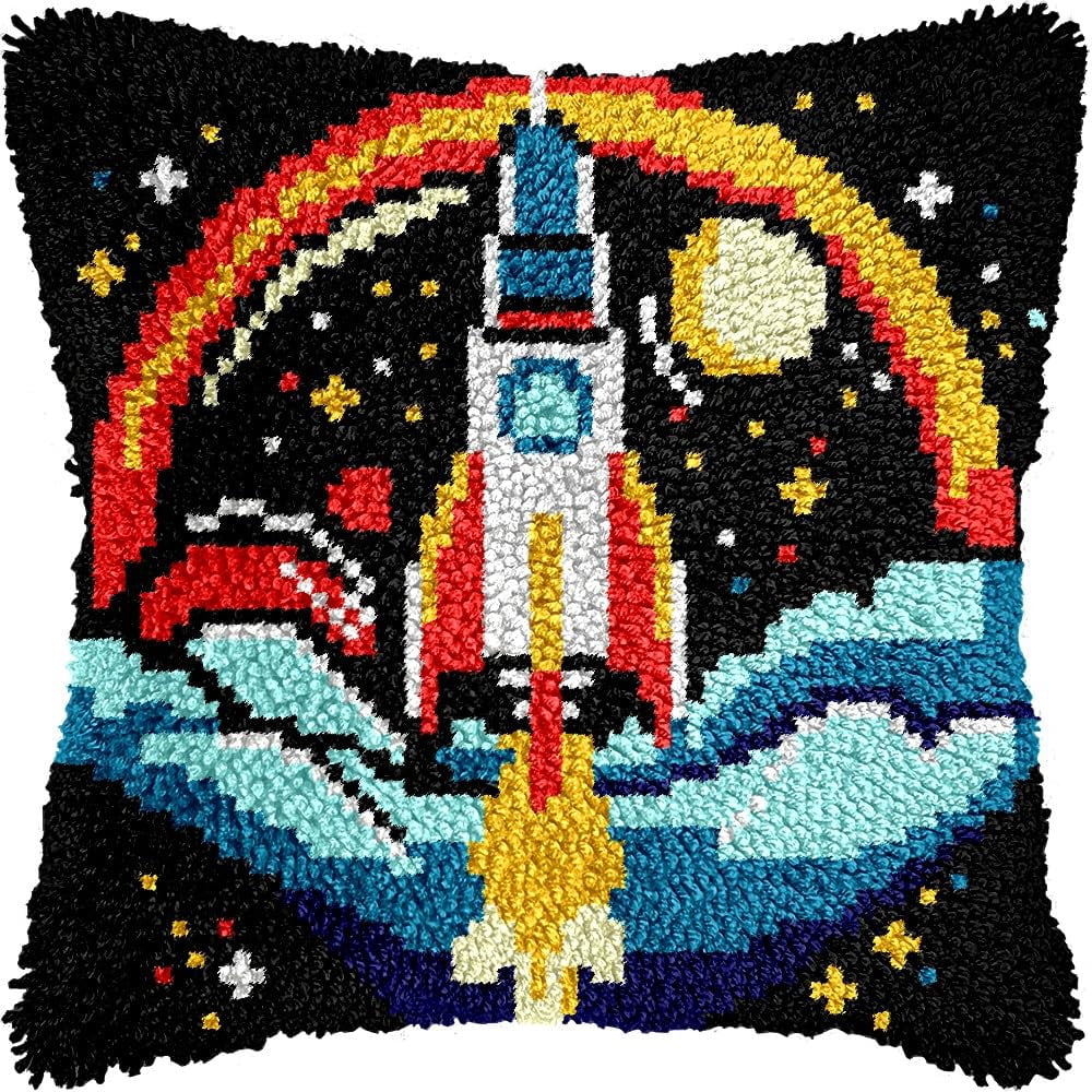 Colorful Rocket Latch Hook Kits Pillow kits Cushion Throw Pillow Embroidery Craft Kits DIY Kits of DIY Hooking Pillowcase Cover Supplier with Color Printed Canvas 43x43cm (147)