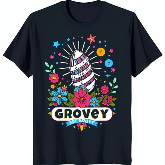 Colorful Rocket Ship Graphic T-Shirt GROVEY Get Design on Dark Blue Tee