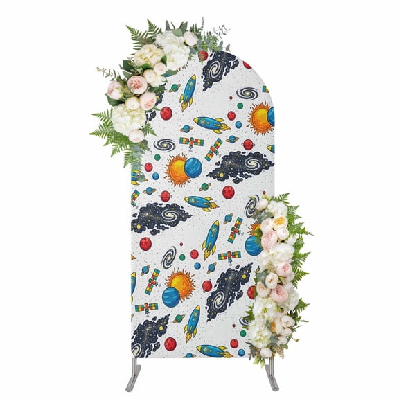 Colorful Rocket Spaceship Arch Backdrop Cover 4FT, Cartoon Modern Abstract Art Spandex Fitted Stretchy Arch Stand Covers, Round Top Chiara Backdrop Cover for Wedding Party Birthday Baby Shower