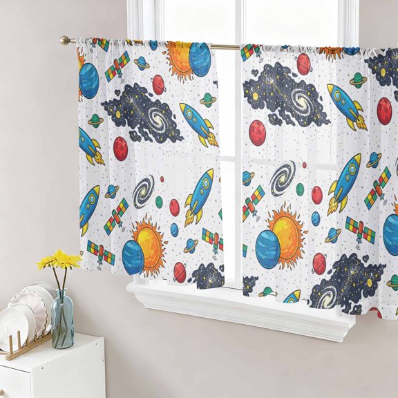 Colorful Rocket Spaceship Sheer Curtains 45 Inch Length 2 Panels Set, Cartoon Modern Abstract Art Voile Window Treatment Rod Pocket Small Kitchen Curtains Drapes for Bedroom 52"x45"x2