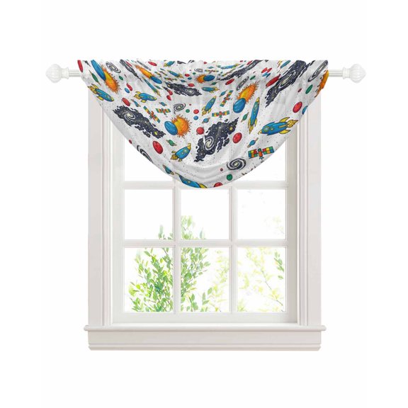 Colorful Rocket Spaceship Sheer Waterfall Valance Curtains for Window, Cartoon Modern Abstract Art Rod Pocket Sheer Topper Swag Curtains for Living Room, Kitchen 38.5"W x 47.2"L, 1 Panel