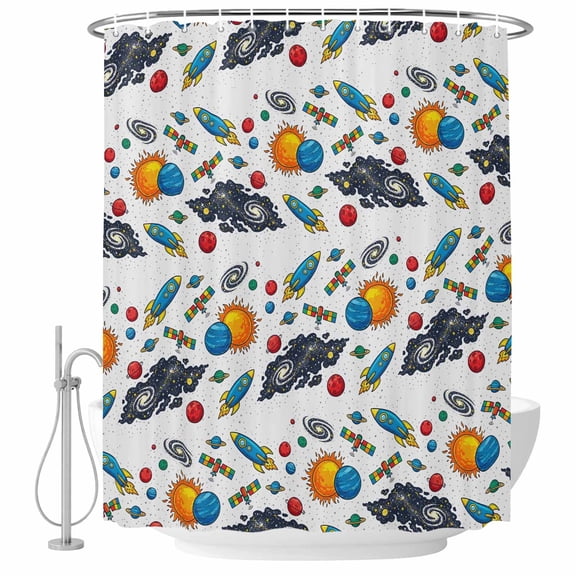 Colorful Rocket Spaceship Shower Curtain Set - Small 36" x 72" Washable Bathtub Curtain with 12 Hooks, Cartoon Modern Abstract Art Waterproof Fabric Stall Shower Curtains for Bathroom/Bathtub Décor