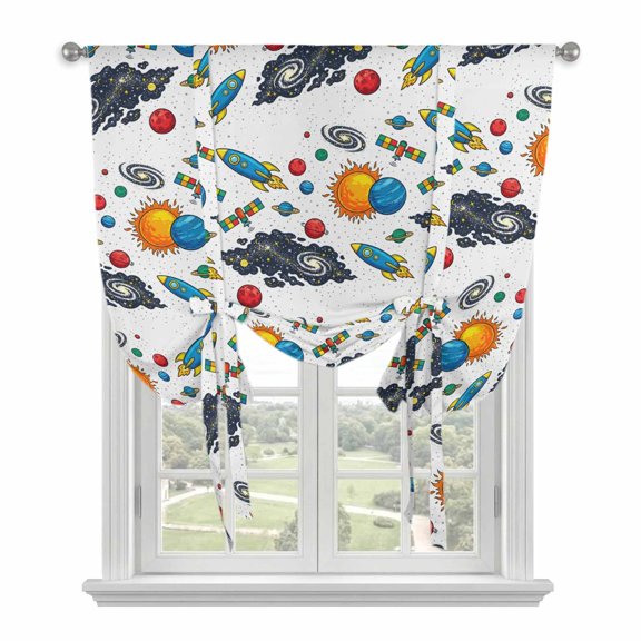 Colorful Rocket Spaceship Tie Up Curtains for Window, Thermal Insulated Balloon Shade Adjustable Rod Pocket Curtains Valance Panels for Kitchen Bathroom Cafe 42 x 54 Cartoon Modern Abstract Art