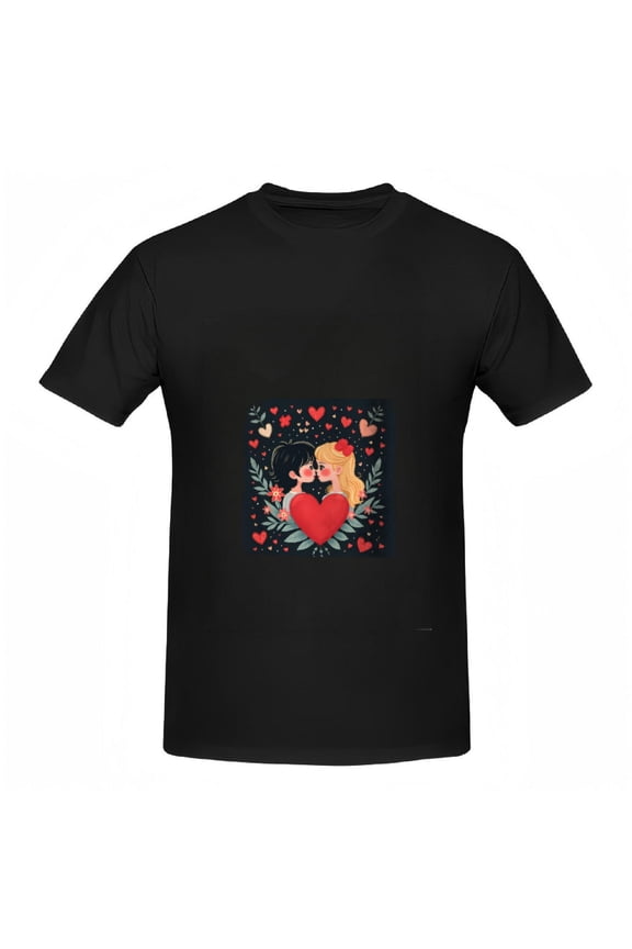 Colorful Romantic Illustration Cotton Short Sleeve T-Shirt for Women - Kissing Characters with Hearts & Leaves Design