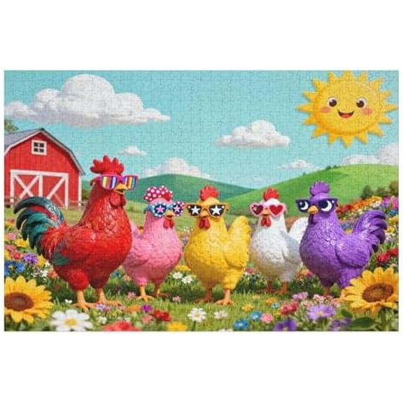Colorful Rooster 1000 Piece Jigsaw Puzzle for Adults, Merry Chickens Art Craft, Family Fun Brain Teaser, Educational Activity, Home Decoration Project