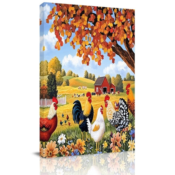 Colorful Rooster Canvas Wall Art for Living Room, Vintage Farm Chick Maple Tree Flower Tree Farmhouse Poster Print Painting for Bedroom Office Home Decoration Wall Pictures Prepare To Hang 16"x16"