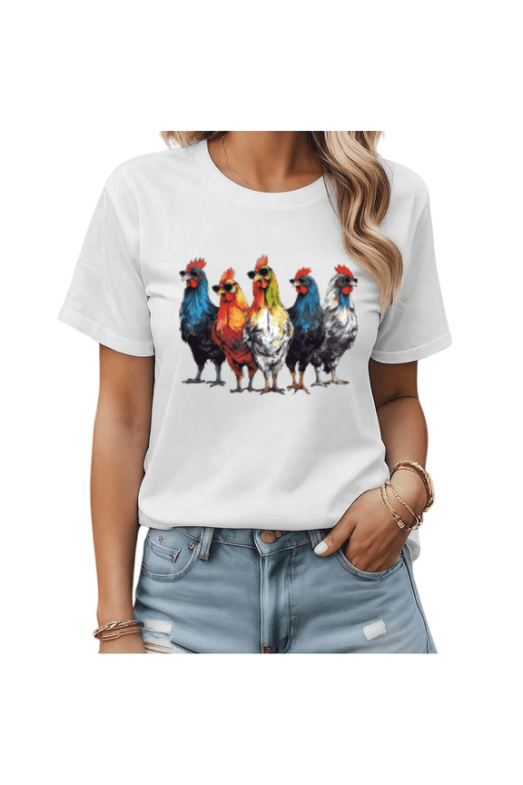 Colorful Rooster Chicken Graphic Tees Womans T-shirt Black/White S-5XL Shirts Farm Animal Tops