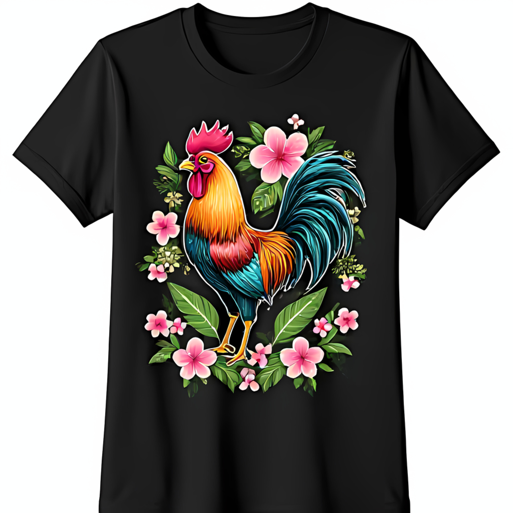 Colorful Rooster Design Black TShirt with Floral Circle Tee