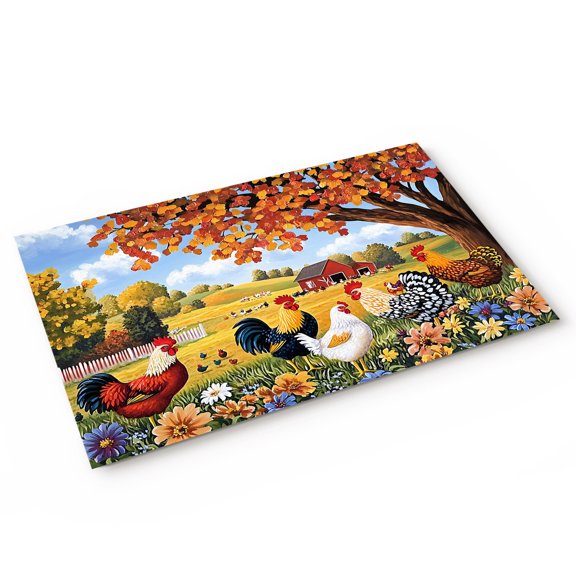 Colorful Rooster Door Mat Vintage Farm Chick Maple Tree Flower Tree Farmhouse Non Slip Absorbent Entrance Mat Washable Low Profile Indoor Doormat for Front Door Entryway Entry 16"x24"
