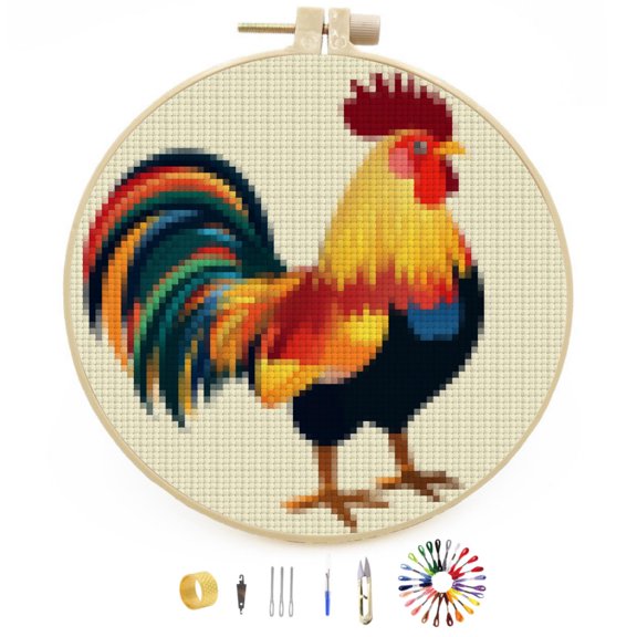Colorful Rooster Easy Stamped Cross Stitch Kits for Beginners with Hoop Simple Patterns 11CT Counted Embroidery Needlepoint Crafts Arts for DIY Enthusiasts and Home Decor 26x26cm(2)