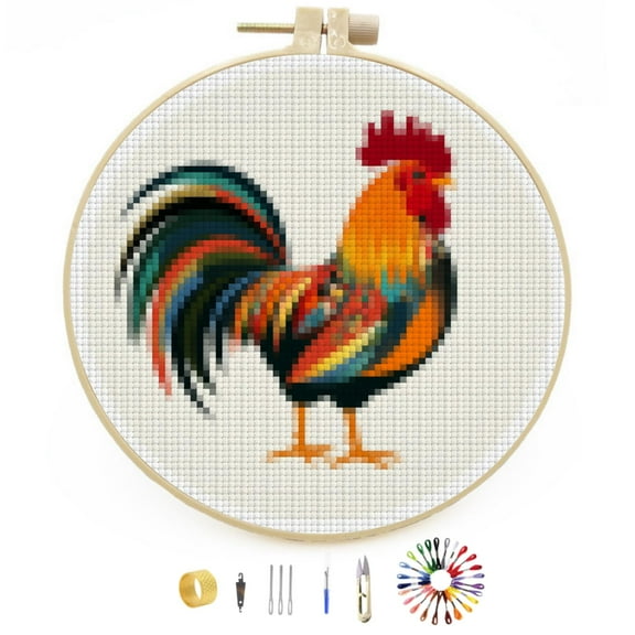 Colorful Rooster Easy Stamped Cross Stitch Kits for Beginners with Hoop Simple Patterns 11CT Counted Embroidery Needlepoint Crafts Arts for DIY Enthusiasts and Home Decor 26x26cm(1)