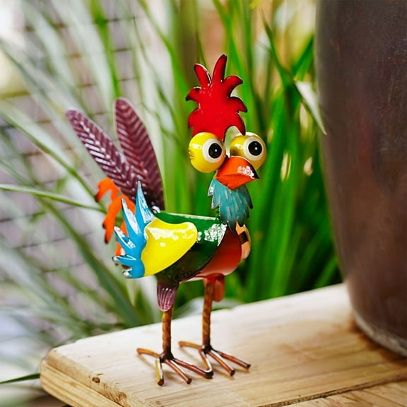 Colorful Rooster Garden Statue, Iron Rooster Decor, Vintage Farmhouse Ornament, Outdoor Patio Decor, Weather Resistant, Hand-Painted Metal Art, Yard Decoration