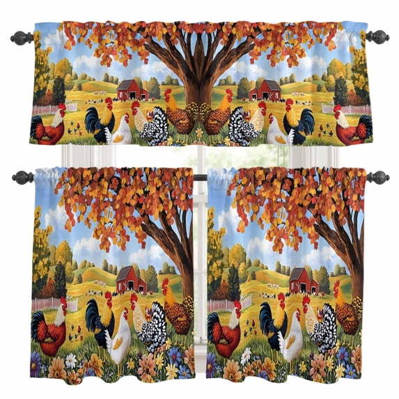 Colorful Rooster Kitchen Curtains Valances and Tiers Set of 3 Vintage Farm Chick Maple Tree Flower Tree Farmhouse Tier Curtains and Valance with Rod Pocket for Small Windows, 27.5"x36"