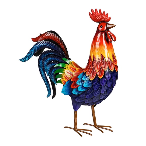 Evergreen 20" H Colorful Rooster Statue, Metal Porch Chicken Indoor or Outdoor Decorative Figurine for Garden, Patio, Entryway Accent Yard Decor